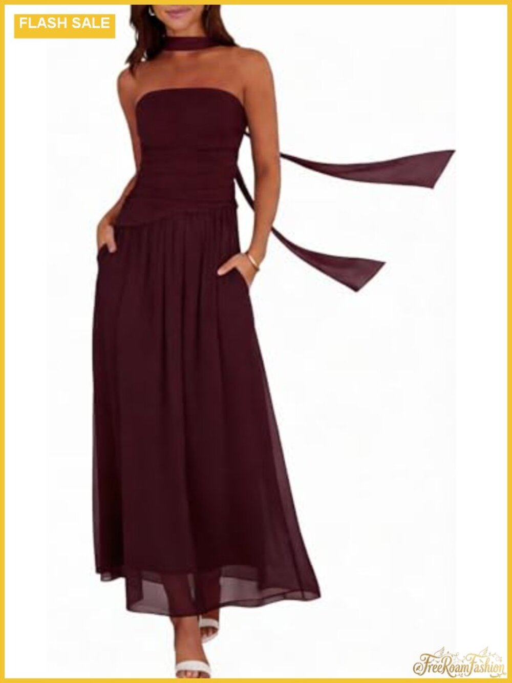 Ruched Strapless Maxi Dress with Scarf A-Line Wedding Guest Beach